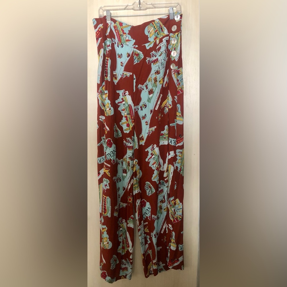 Loco Lindo Cinnamon NY Print Rayon High Waisted Palazzo Pants XXL Vintage Style